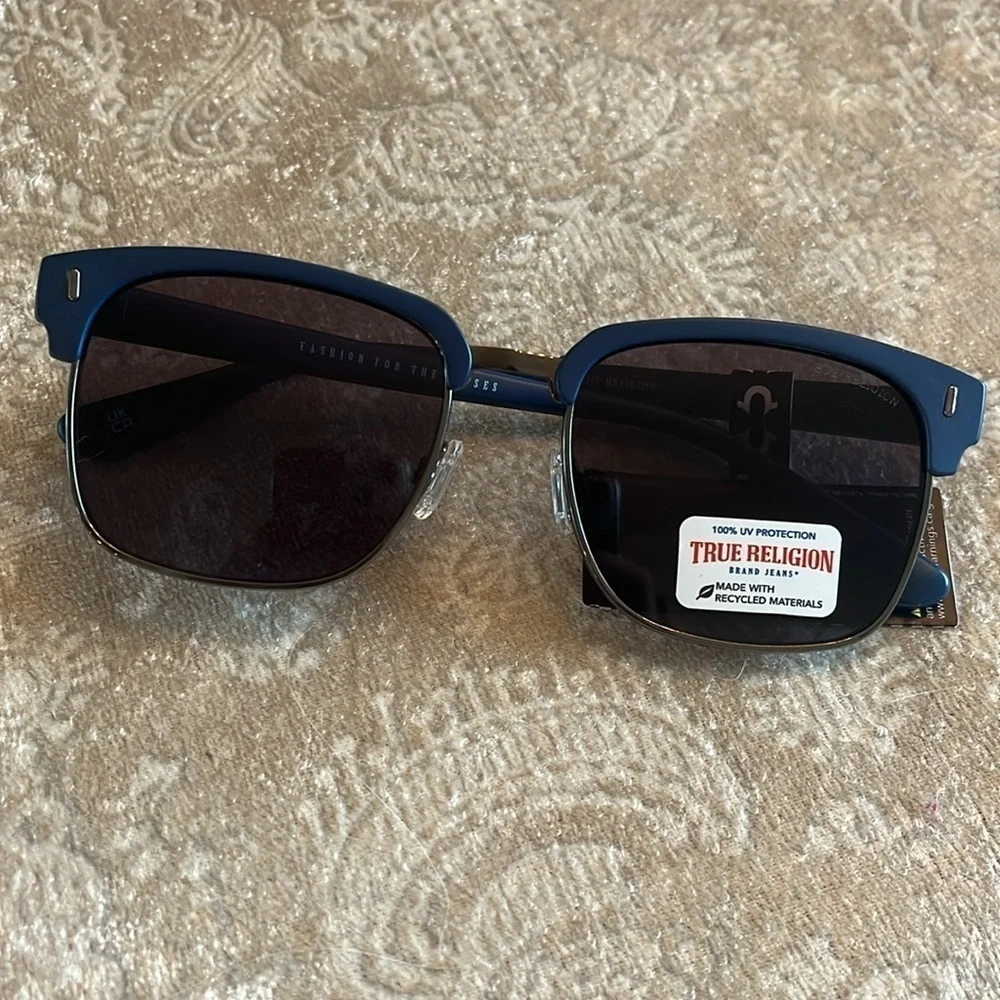 Brand New True Religion Clubmaster Classic Square Metal Sunglasses Blue Accent